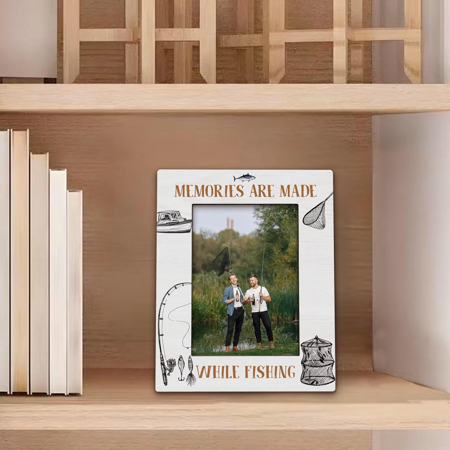 Fishing Picture Frame 5x7, Holiday Decor Photo Frame, FishingGifts for Fisherman Friends Men Dad Grandpa, Memories are Made While Fishing Wooden Picture Photo Frames for Desk Home Room Decor