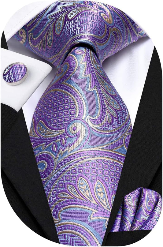 Hi-Tie Men 63inches Tie Set Extra Long Necktie Paisley Tie Pocket Suqare Cufflinks Big and Tall Men Tie