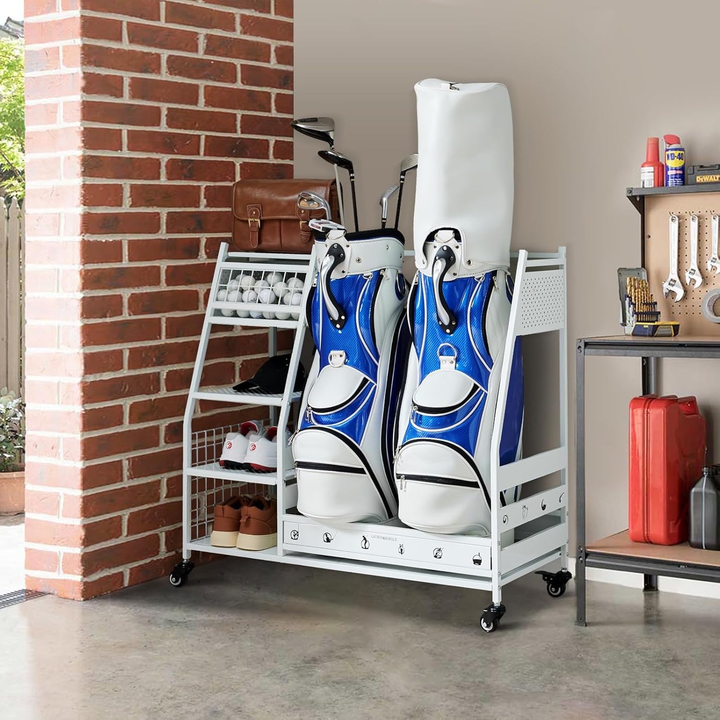 Lauren&Harold Golf Bag Organizer Garage Storage, Golf Storage Rack Stand Fits 2 Golf Bags, Golf Clubs and Other Golfing Equipment Accessories, Golf Organizer for Garage, Club, Shed, Basement