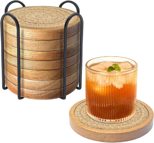 Wood Coasters for Drinks, Absorbent Coaster Sets of 8, Woven Drink Coasters for Coffee Table, Housewarming Gift for Farmhouse Home Decor,4.3 inches Brown