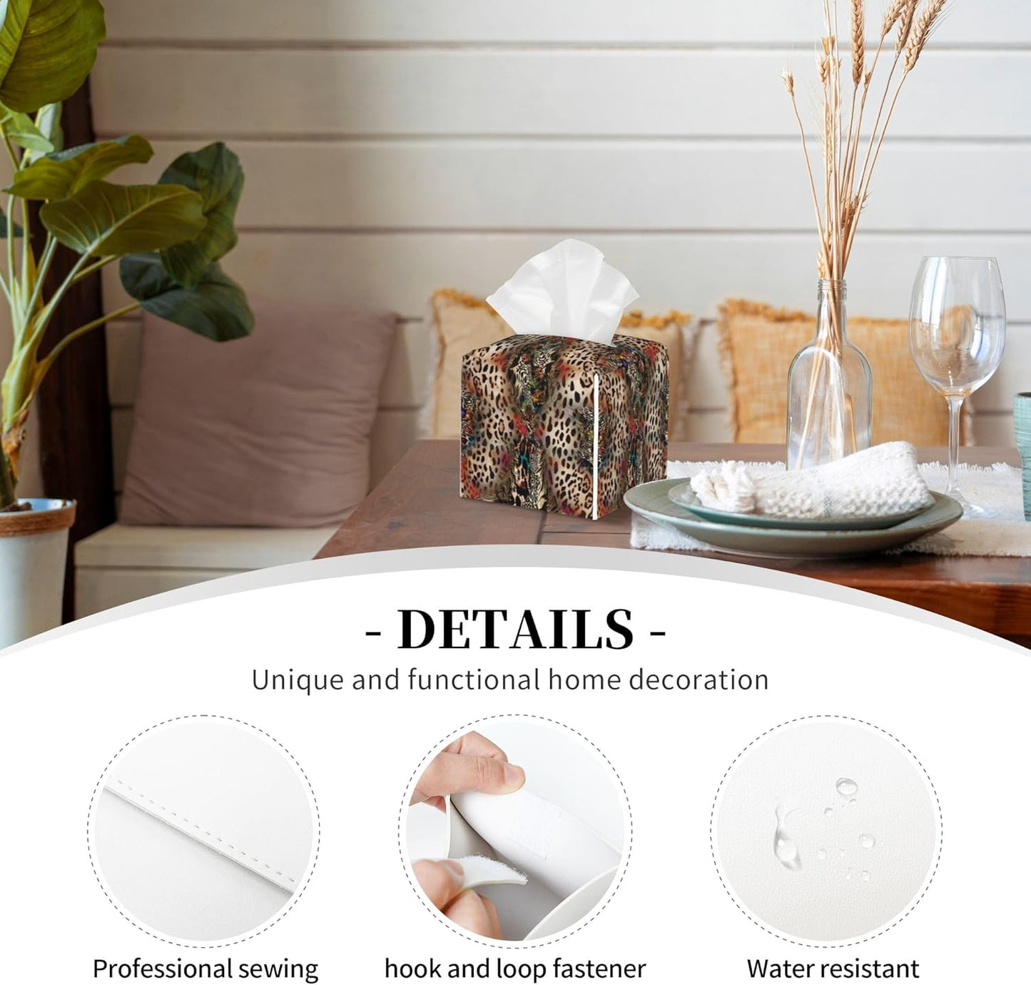 Leather Tissue Box Holder African Animal Leopard Print Tissue Box Cover Square Waterproof Tissue Holder Organizer Modern Napkin Holder for Bedroom Dresser Night Stand Office Desk
