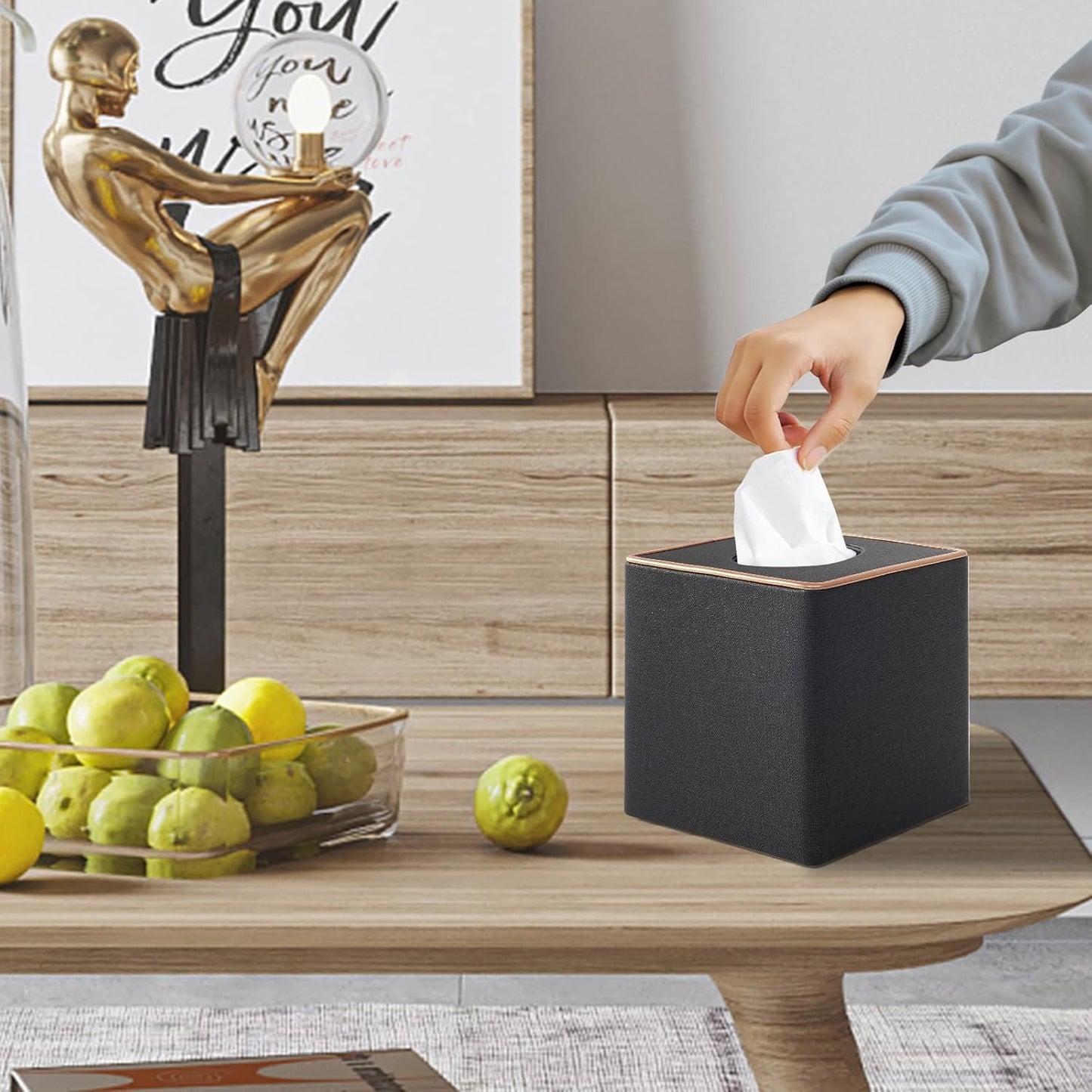 Tissue Box Cover Square Tissue Box Holder PU Leather Facial Organizer with Magnetic Bottom,Decorative Napkin Caddy for Vanity Dresser Night Stand Table Countertop Home Office Car,Black