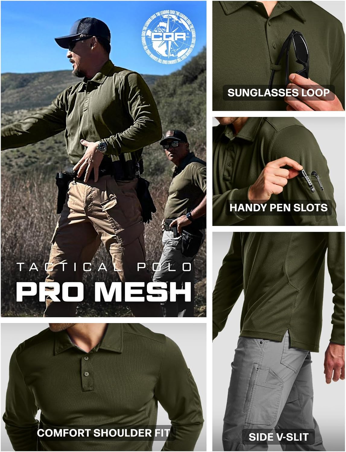 CQR Men's Polo Shirt, Long Sleeve Tactical Shirts, Outdoor UPF 50+ Pique Shirt, Dry Fit Lightweight Golf Shirts