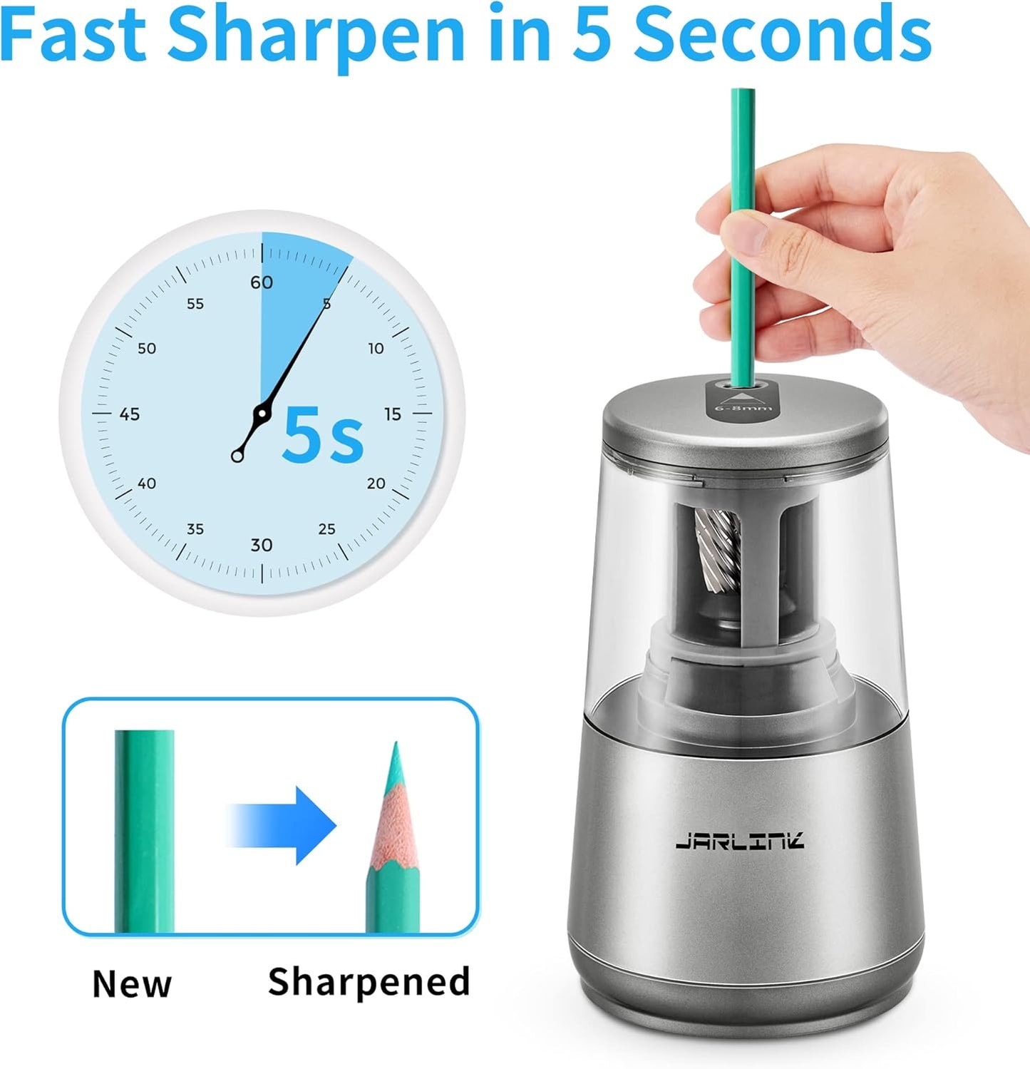 JARLINK Electric Pencil Sharpener, Heavy-Duty Helical Blade to Fast Sharpen, Auto Stop for No.2/Colored Pencils(6-8mm), AC Adapter/Battery Operated in School Classroom/Office/Home (Gray)