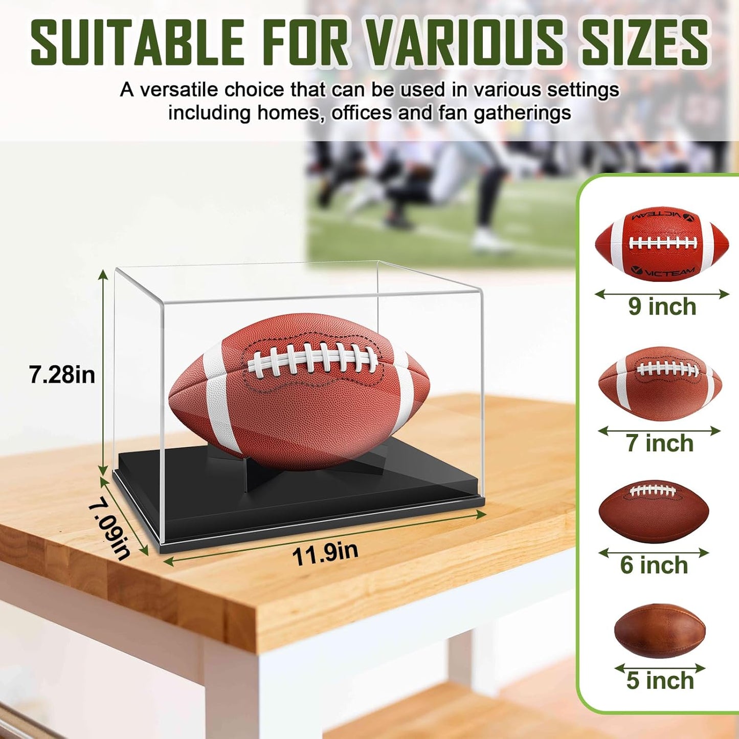 Full Size Football Display Box, Souvenir Display Box for Football or Commemorative Sports Gloves, Acrylic Transparent Box with Wooden Support and Solid Wood Base