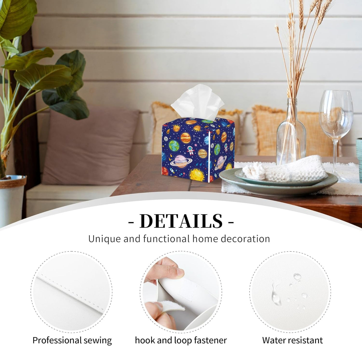 Leather Tissue Box Holder Solar System Universe Planet Tissue Box Cover Square Waterproof Tissue Holder Organizer Modern Napkin Holder for Bedroom Dresser Night Stand Office Desk
