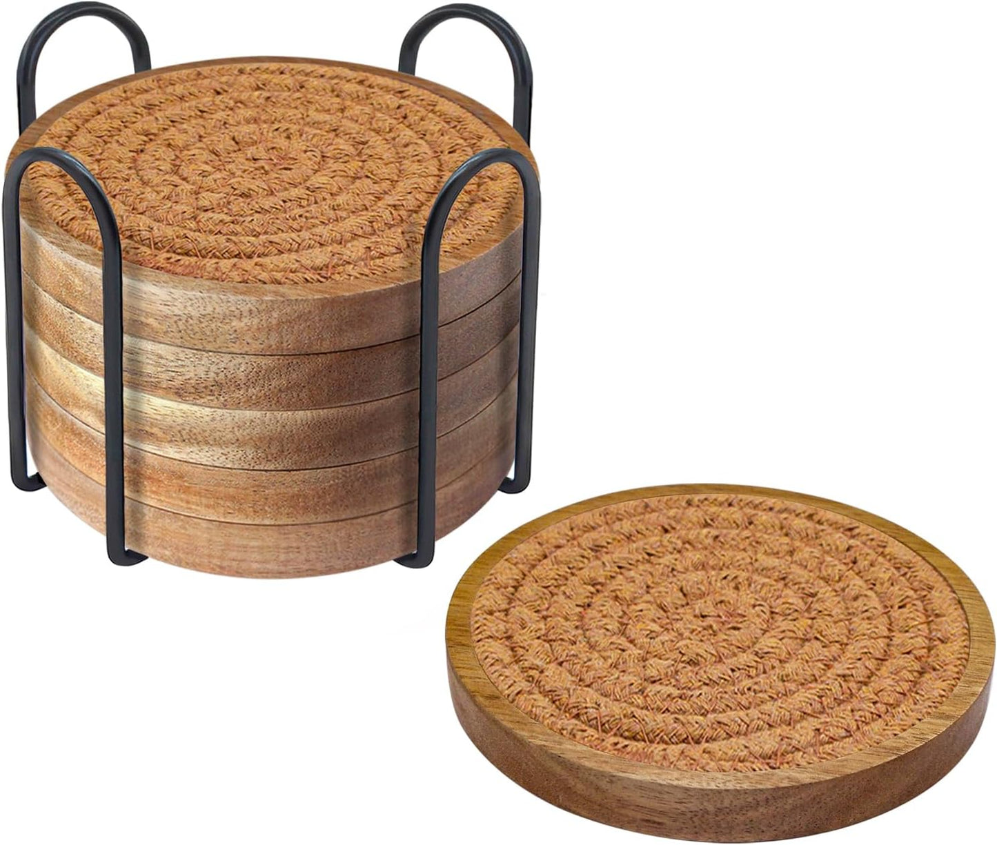 6 Pack Coasters for Drinks Absorbent, 4.3 inches Cork Coasters for Coffee Tables, Wooden Drink Coasters for Table Protection, Cute Coasters for Kitchen, Farmhouse, Bar, and Office (Dark Brown)