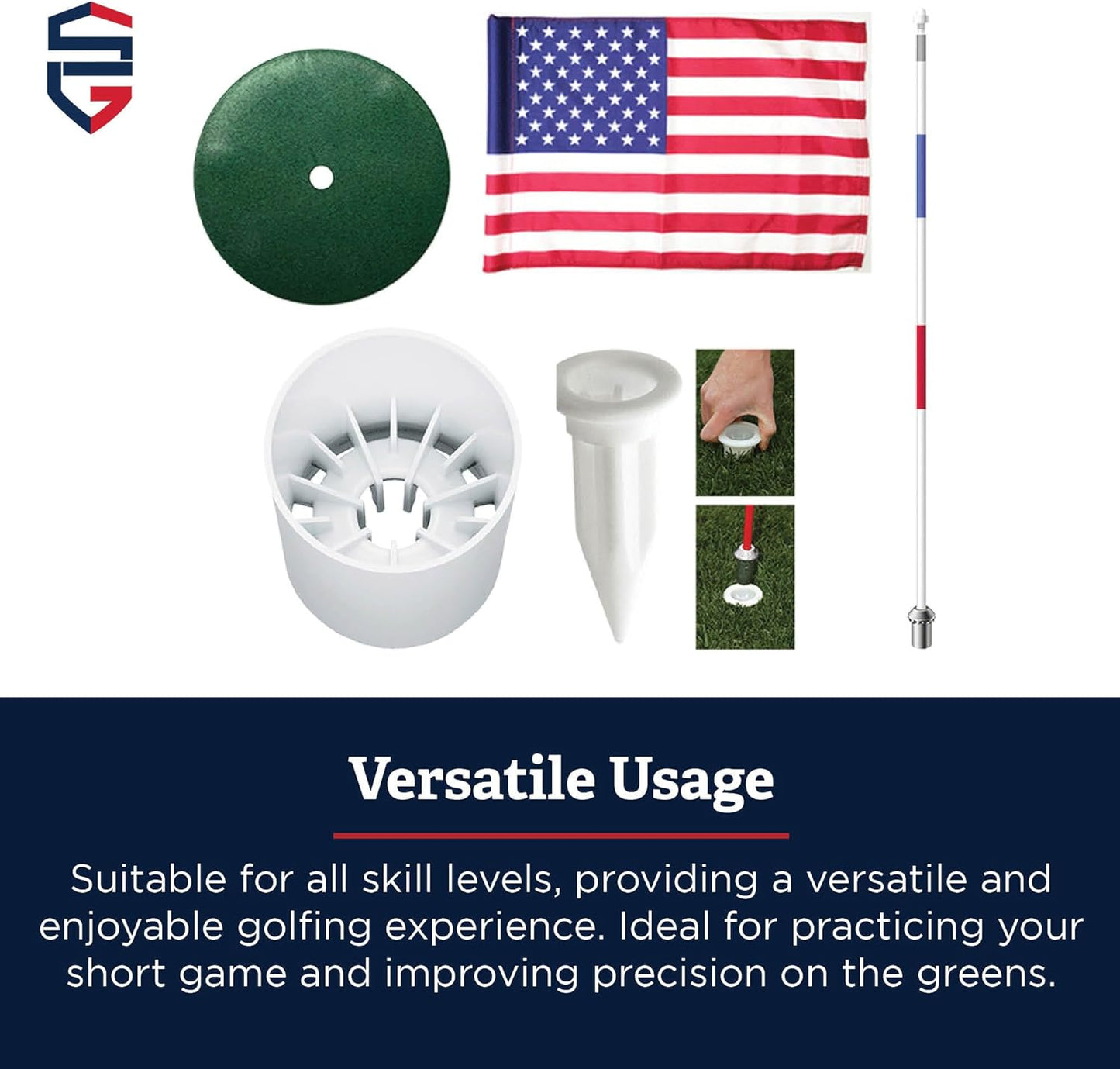 Standard Golf Regulation flagstick, cup & pin flag to use in your backyard or other open space for practice. Use the same products as used by golf courses all over the world and on tour.