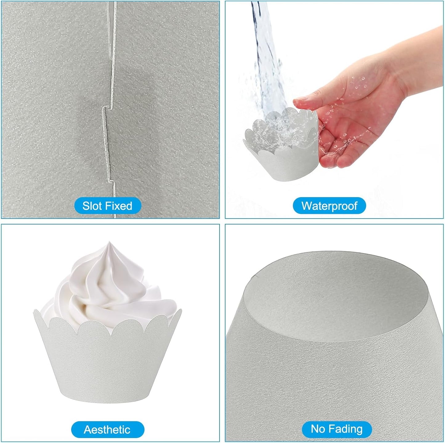 PATIKIL Cupcake Wrappers Paper, 50 Pack Baking Cups Standard Wave Decoration for Anniversary Birthday Weddings and Parties, Silver