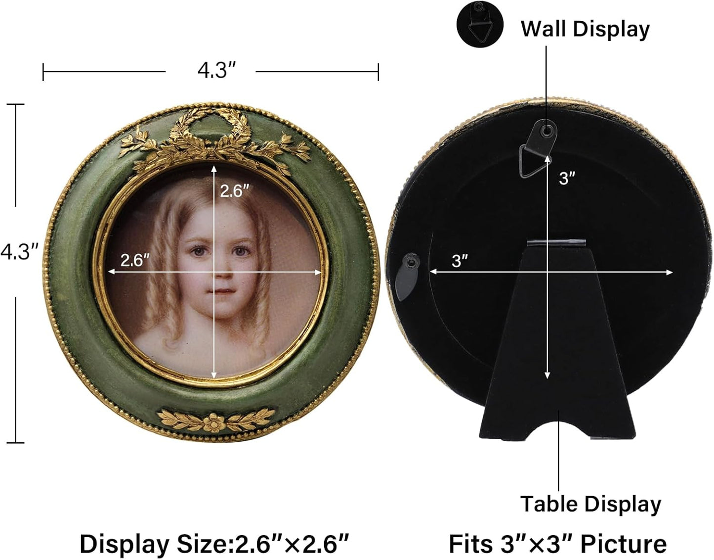 SYLVIA'S SHOP 3x3 Small Vintage Round Picture Frame, Mini Antique Ornate Circle Photo Frame, for Tabletop and Wall Display, Retro Home Decor, Old Fashioned Photo Gallery Art, Green