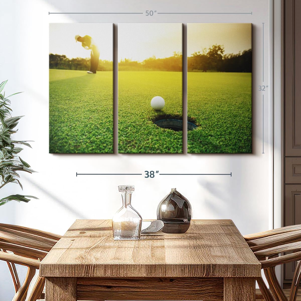 ElephantStock Golf Ball Strike Wall Art - Horizontal Canvas - 3-Piece Living Room Wall Decor - Photography Sports Canvas Print - Green and White Decor for Wall - 50" X 32"