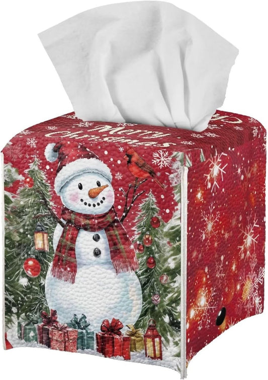 Red Tissue Box Cover Square Christmas Snowman Tissue Box Holder PU Leather Fun Tissue Box Modern Home Decor Tissue Holder for Living Room Desk Bathroom