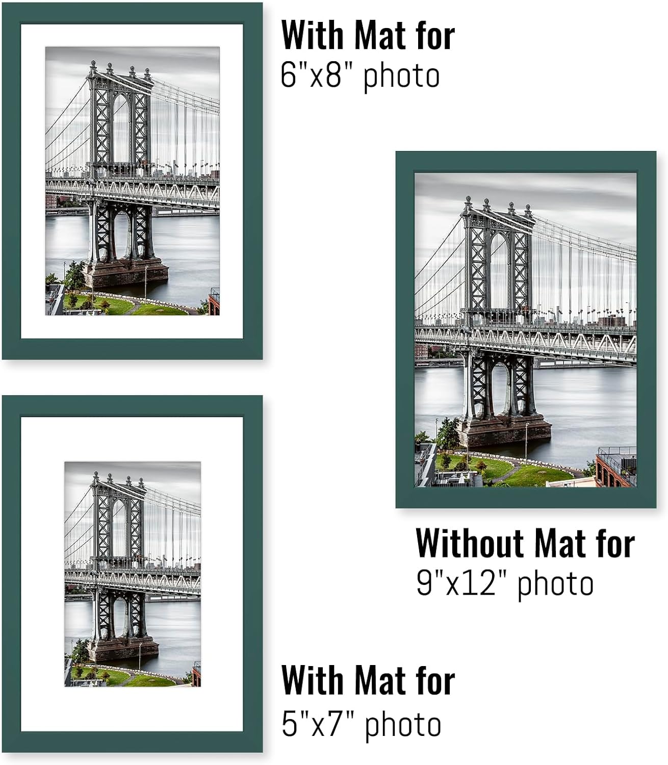 9x12 Picture Frames Solid Wood Display Pictures 6x8 or 5x7 with Mat or 9x12 Frame without Mat Poster Photo Frame Art with 2 Mats for Wall Mounting or Table Top(Dark Green)