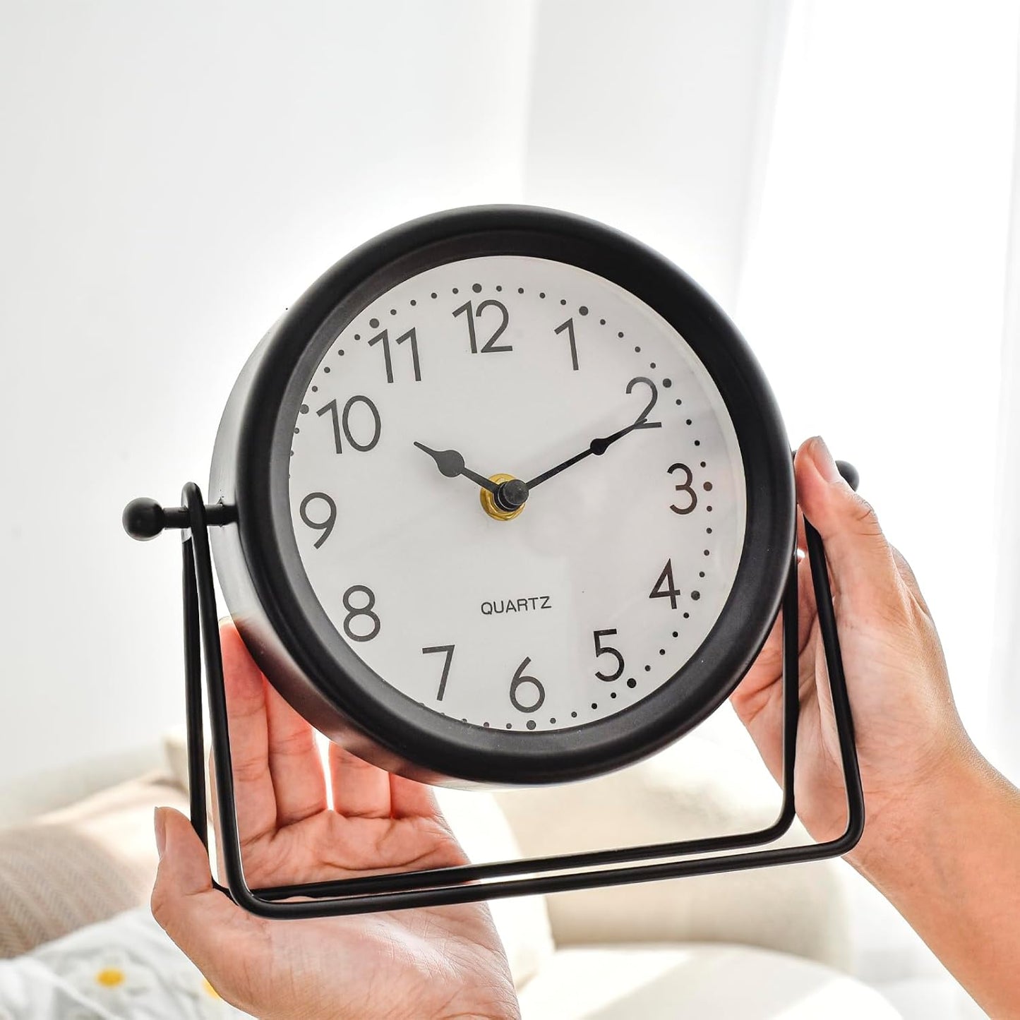 Vintage Black Table Clock on Stand, Decorative Desk and Shelf Clock Decorative Battery Operated Table Top Decor for Living Room，Silent Non-Ticking