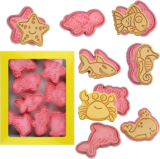 Ocean Cookie Cutters With Plunger Stamps Set,8 Piece See Cookie Cutters,Sea Embossing Cutter For Fondant Biscuit Cheese Baking