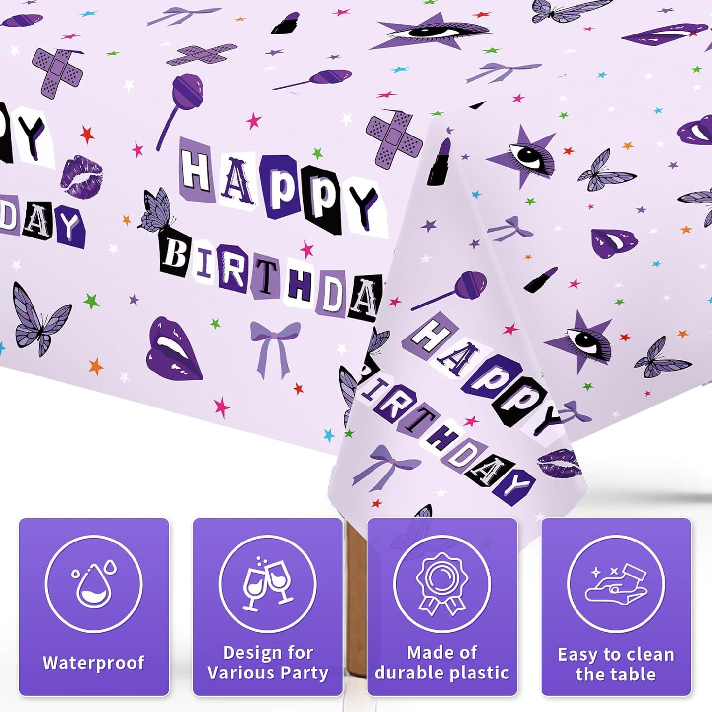 Grencian 3Pcs Purple Pop Music Tablecloth Table Cover Plastic Rectangle Table Cloth Music Theme Party Decorations for Girls Vocalist Tour Concert Fans Gathering Party Supplies 54" x 108"