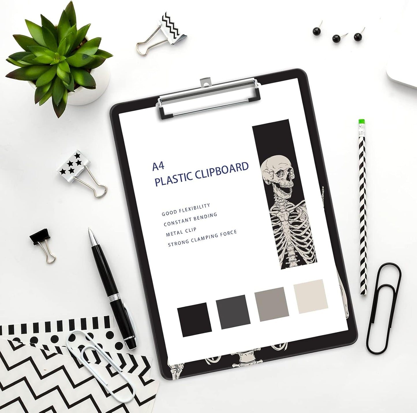 Plastic A4 Clipboards, Cute Clip Board Stardard Letter Size 9 x 12.5 in, Office Decorative for Students Women Men and Kids, Skeleton