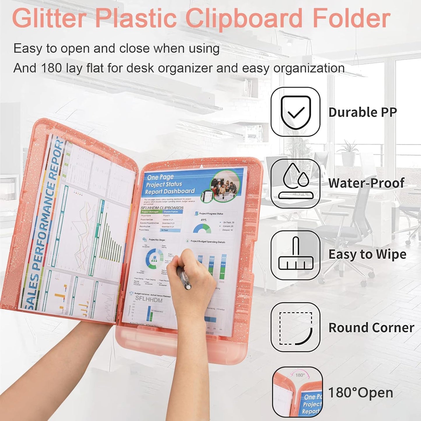 Glitter Clipboard with Storage,Storage Clipboard with Pen Holder,A4 Binder Clip Boards 8.5x11 with Low Profile Clip,Side Opening Sparkle Clipboards, Clipboards Folder for Office Supplies-Pale Pink