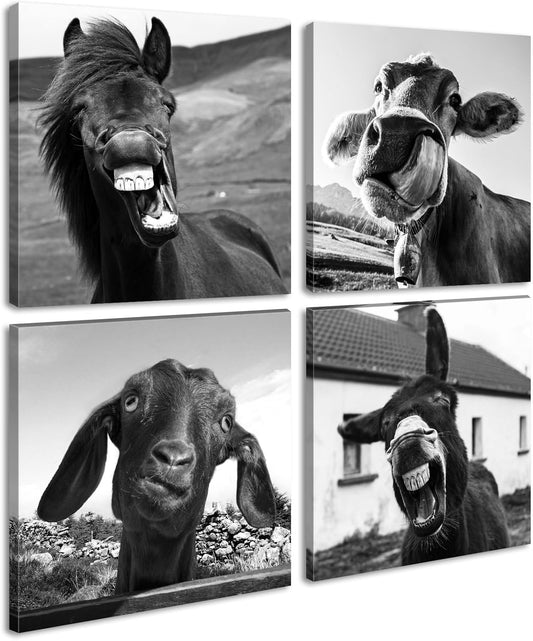 Black and White Wall Art Animal Wall Decor Horse Donkey Sheep Cow Canvas Pictures Prints Funny Decor Posters for Mens Bedroom Office Farmhouse Decoration Stretched Framed Ready to Hang 12×12 inch×4