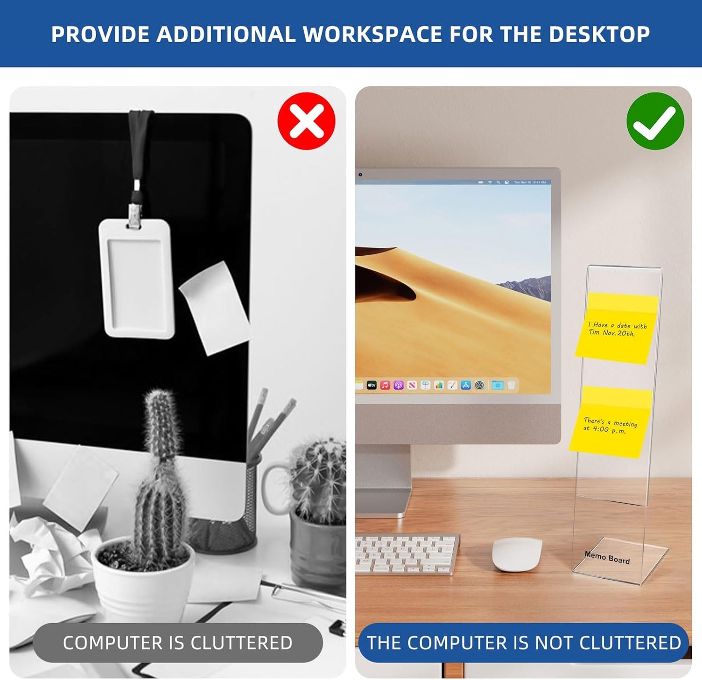 Monitor Memo Board Holder by Computer Screen Acrylic Sticky Note Stand Message Panel Reminder for Office, Pack of 4, Clear