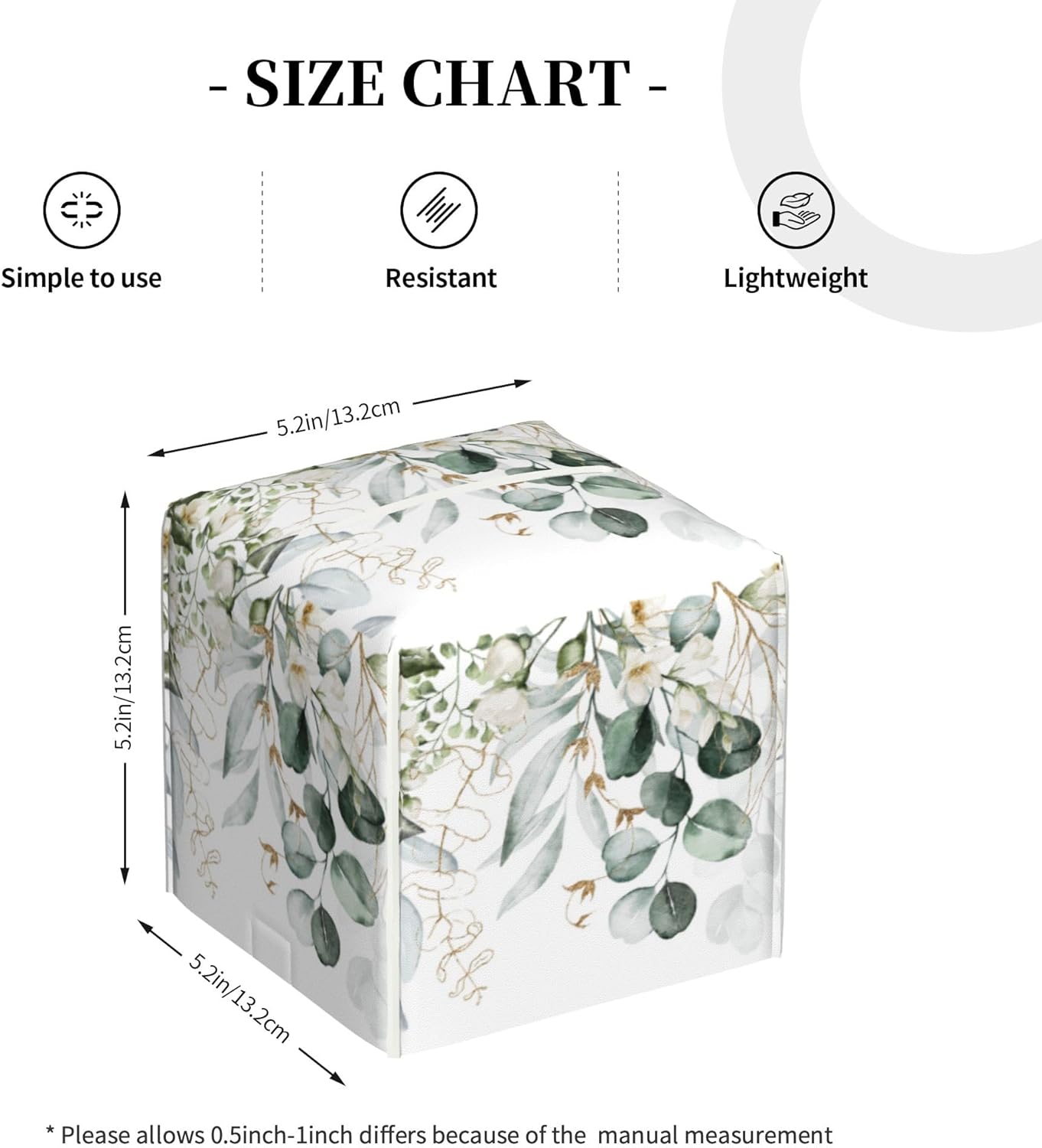 Eucalyptus Leaves and Flowers Tissue Box Cover Square,Watercolor Green Leaves Branches Tissue Box Holder Waterproof Leather Facial Paper Organizer Dispenser for Bathroom Home Car Nightstand Vanity
