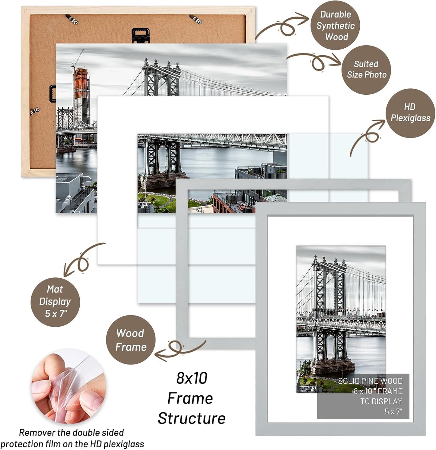 8x10 Picture Frames Solid Wood Display Pictures 5x7 with Mat or 8x10 Frame without Mat Poster Photo Frame Art with 1 Mats for Wall Mounting or Table Top(Gray)