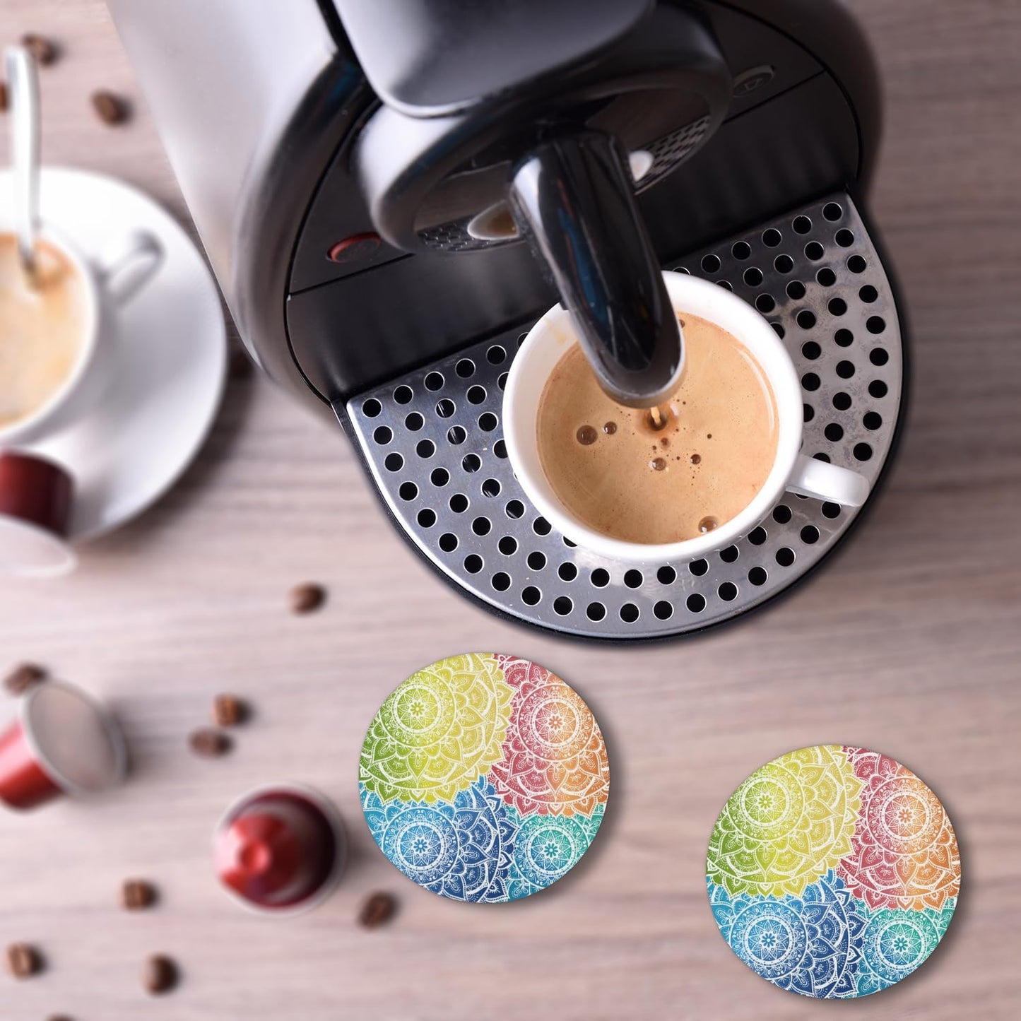 Ceramic Coasters for Drinks with Cork Back,Colorful Mandala Harmony 4 Inch Absorbent Coaster Set 4 Pack, Quick Dry Non-Slip Coaster Mats for Home, Office, Bar