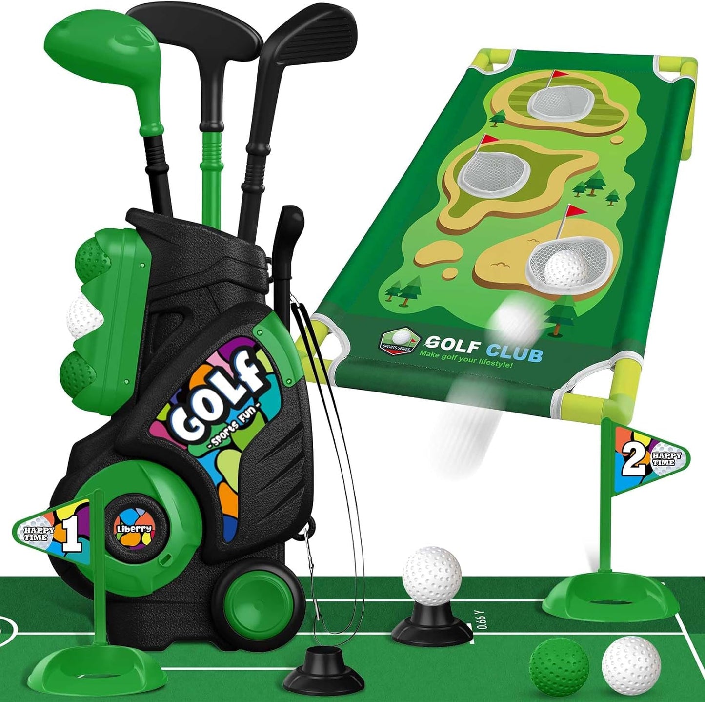 Liberry Toddler Golf Set for Age 2 3 4 Boys Girls, Upgraded Kids Golf Cart with Putting Mat & Cornhole Board, Outdoor Indoor Sports Toys for Birthday Holiday, Black