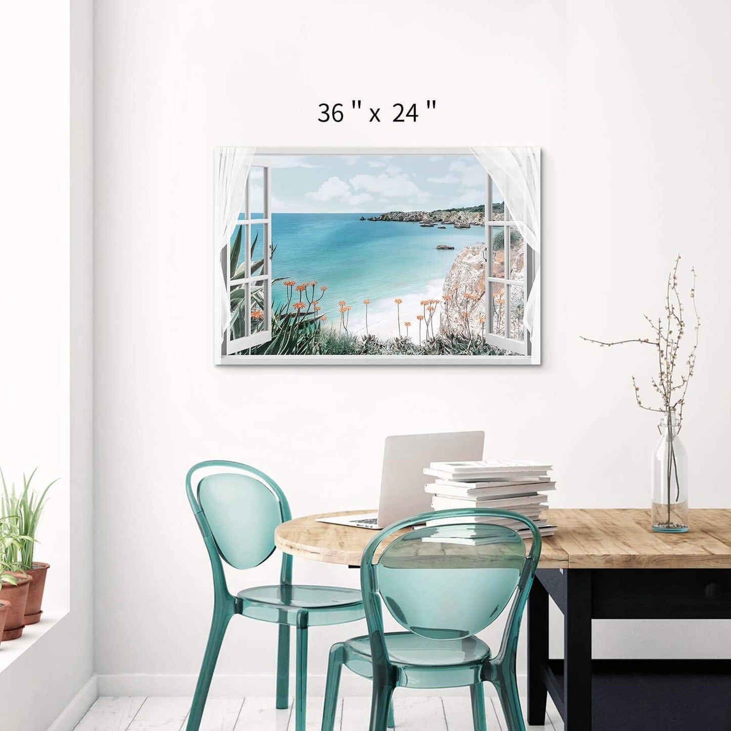 Window Canvas Art Sea Picture: Open Window into Blue Ocean with Beach Wall Art Coastal Artwork for Bedroom (36'' x 24'' x 1 Panel)