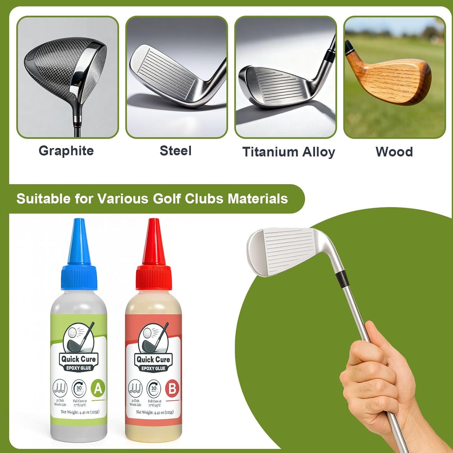 5min Golf Club Epoxy, 125+125ml Extra Strength Golf Shaft Epoxy, Applicable to All Clubheads, Drivers, Putters, and Irons, Compatible with Graphite and Steel Shafts (Fast Cure)