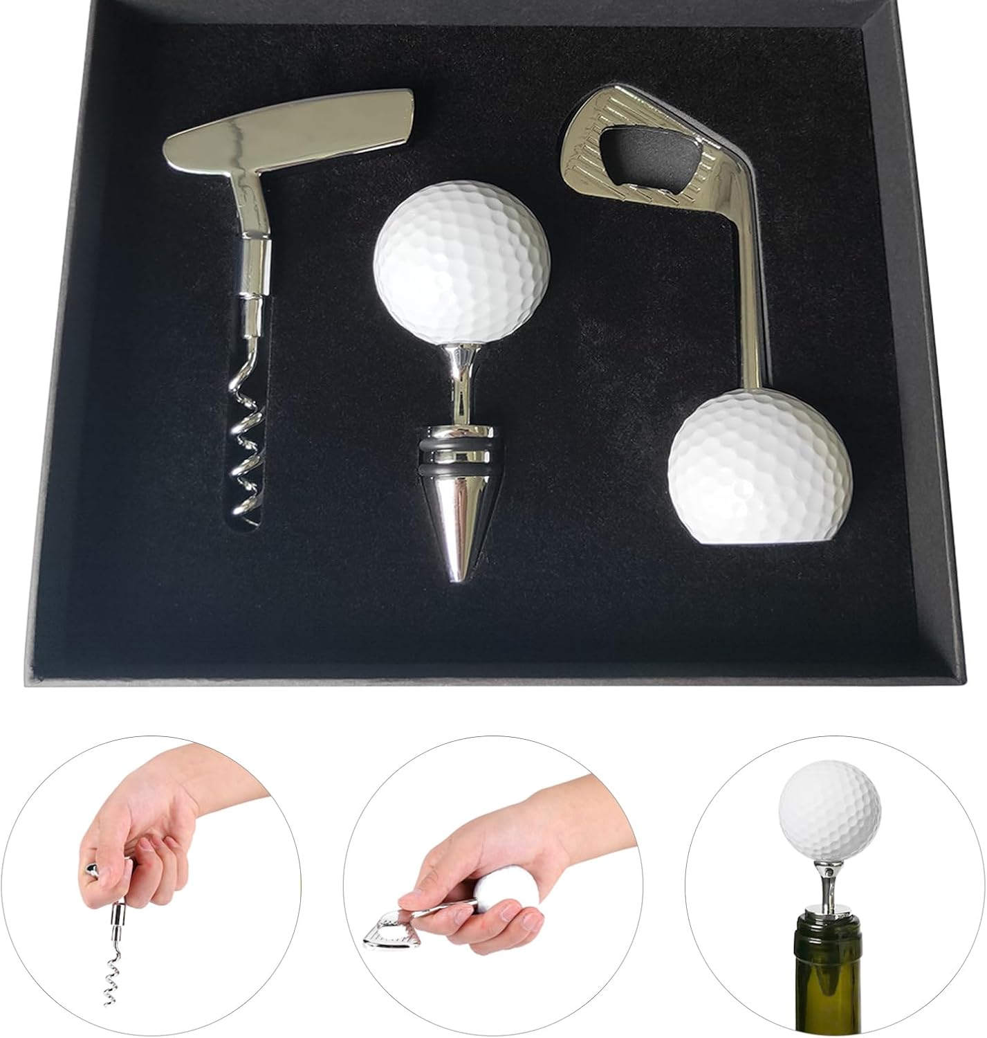 Golf Club Bottle Opener, Wine Opener & Stoppers Set Zinc Alloy Manual Wine Bottle Opener for Golf & Wine Lovers, Set of 3
