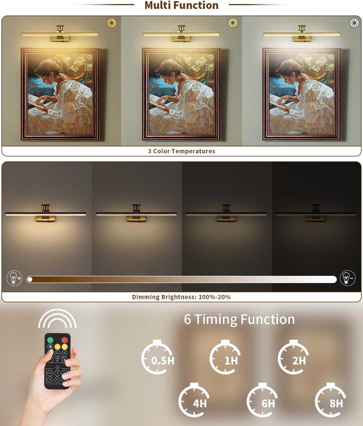 Joossnwell Battery Operated Picture Light for Wall Rechargeable Art Lighting for Paintings Wireless 23.62Inch Picture Frame Light with Remote Dimmable Gallery Light Brass for Library Artwork Museum