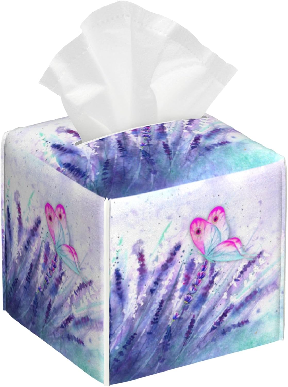 Purple Lavender and Butterfly Tissue Box Cover Square,Watercolor Lavender Flowers Tissue Box Holder Waterproof Leather Facial Paper Organizer Dispenser for Bathroom Home Car Nightstand Vanity Desk