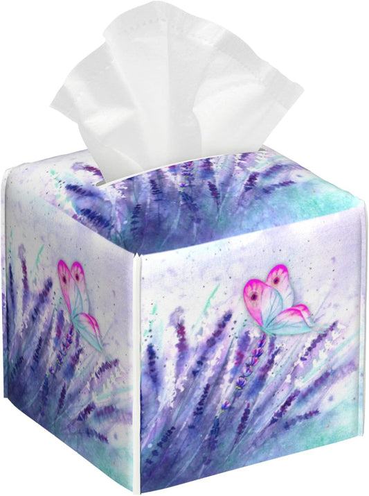 Purple Lavender and Butterfly Tissue Box Cover Square,Watercolor Lavender Flowers Tissue Box Holder Waterproof Leather Facial Paper Organizer Dispenser for Bathroom Home Car Nightstand Vanity Desk