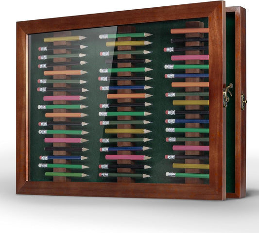 Golf Pencil Display Case Holds 51 Round or Octagonal Golf Pencils Wood Wall Mount Clear Display Case with Acrylic Dust UV Cover
