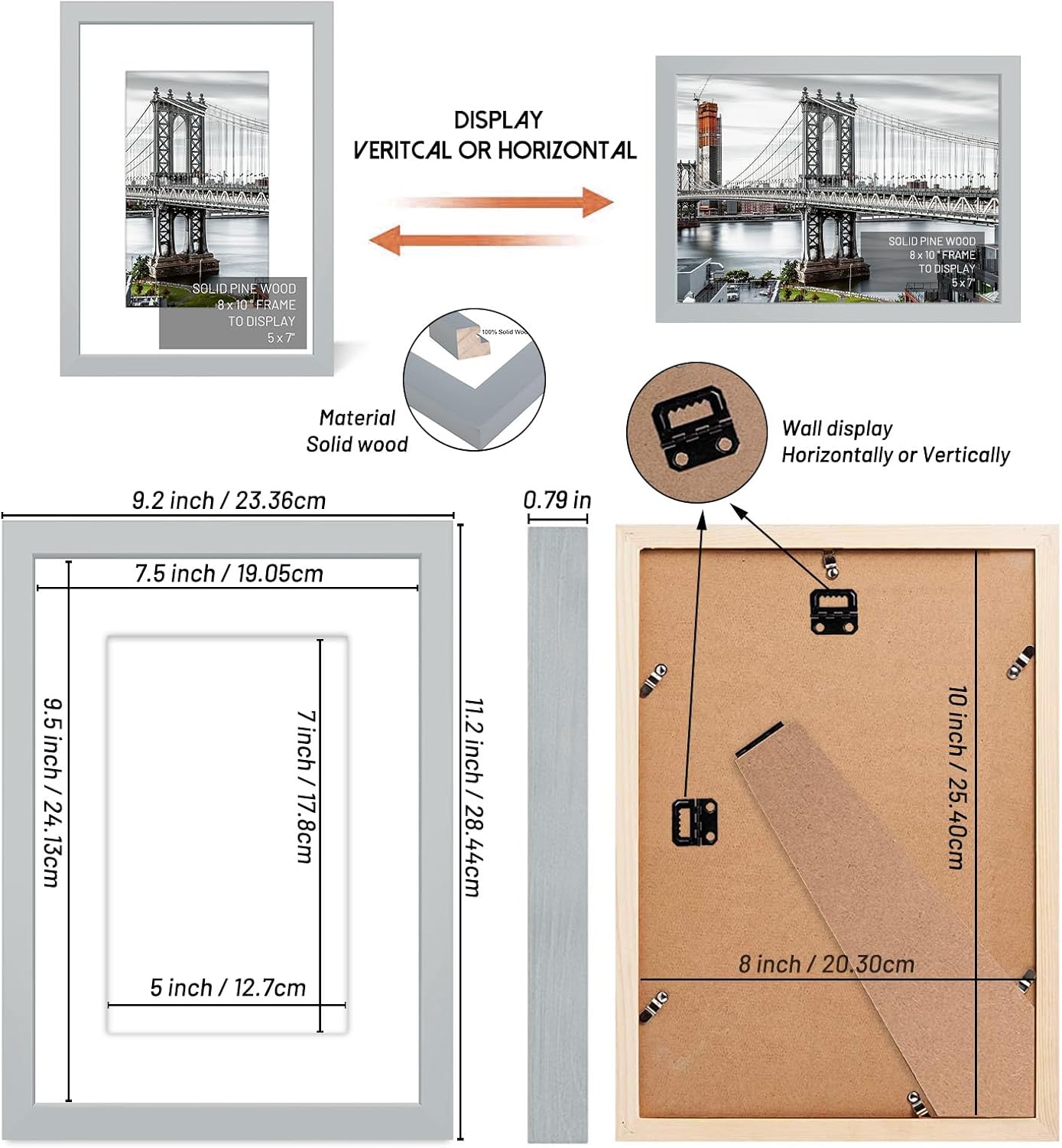 8x10 Picture Frames Solid Wood Display Pictures 5x7 with Mat or 8x10 Frame without Mat Poster Photo Frame Art with 1 Mats for Wall Mounting or Table Top(Gray)
