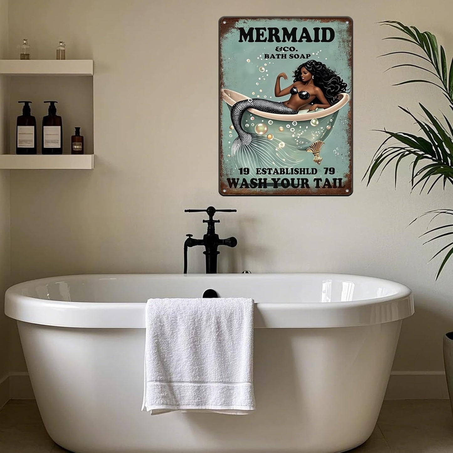 Funny Mermaid Company Bath Soap Metal Signs Wash Your Tail Sign Vintage Tin Sign Wall Decor Retro Tin Signs for Room Living Room Bathroom Toilet Hotel 12x16 Inch