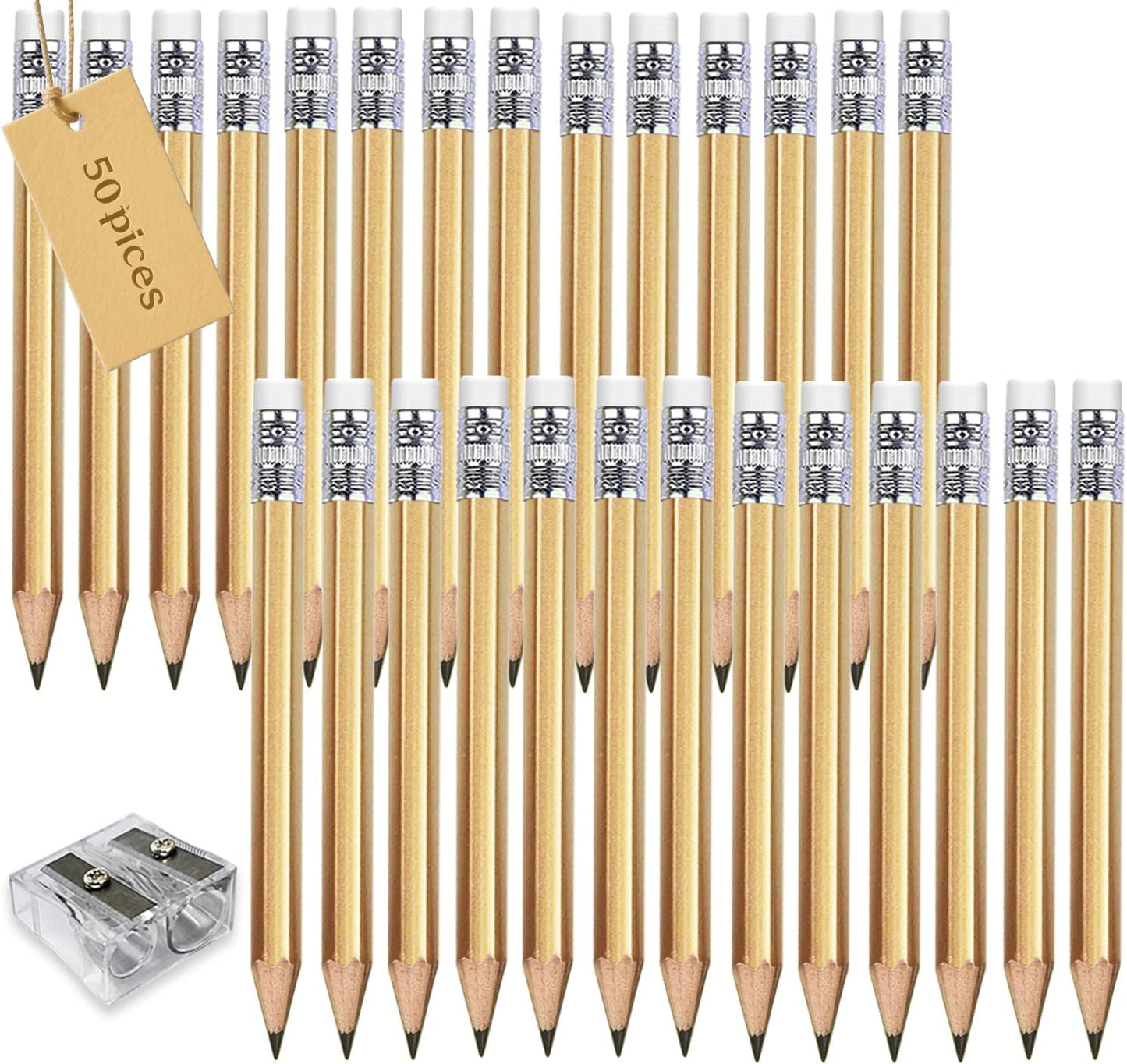 Adhere 50pcs Golf Pencils with eraser Hexagon Wooden Pencils Graphite 2B for Golf Event Scoring,Classroom,Wedding,Company Meetings,Pew, Pocket (z-Gold・Hexagon・50pcs)