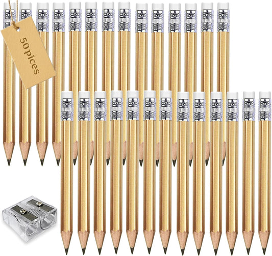 Adhere 50pcs Golf Pencils with eraser Hexagon Wooden Pencils Graphite 2B for Golf Event Scoring,Classroom,Wedding,Company Meetings,Pew, Pocket (z-Gold・Hexagon・50pcs)