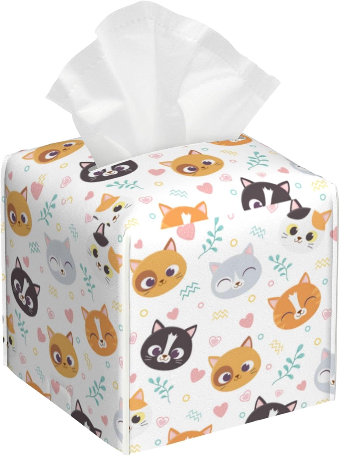 Tissue Box Cover Square, Cute Cats Face with Hearts Leather Tissue Box Holder Decorative Organizer for Bathroom, Home Office Car Decor