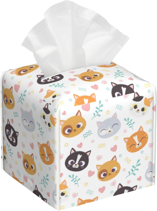 Tissue Box Cover Square, Cute Cats Face with Hearts Leather Tissue Box Holder Decorative Organizer for Bathroom, Home Office Car Decor