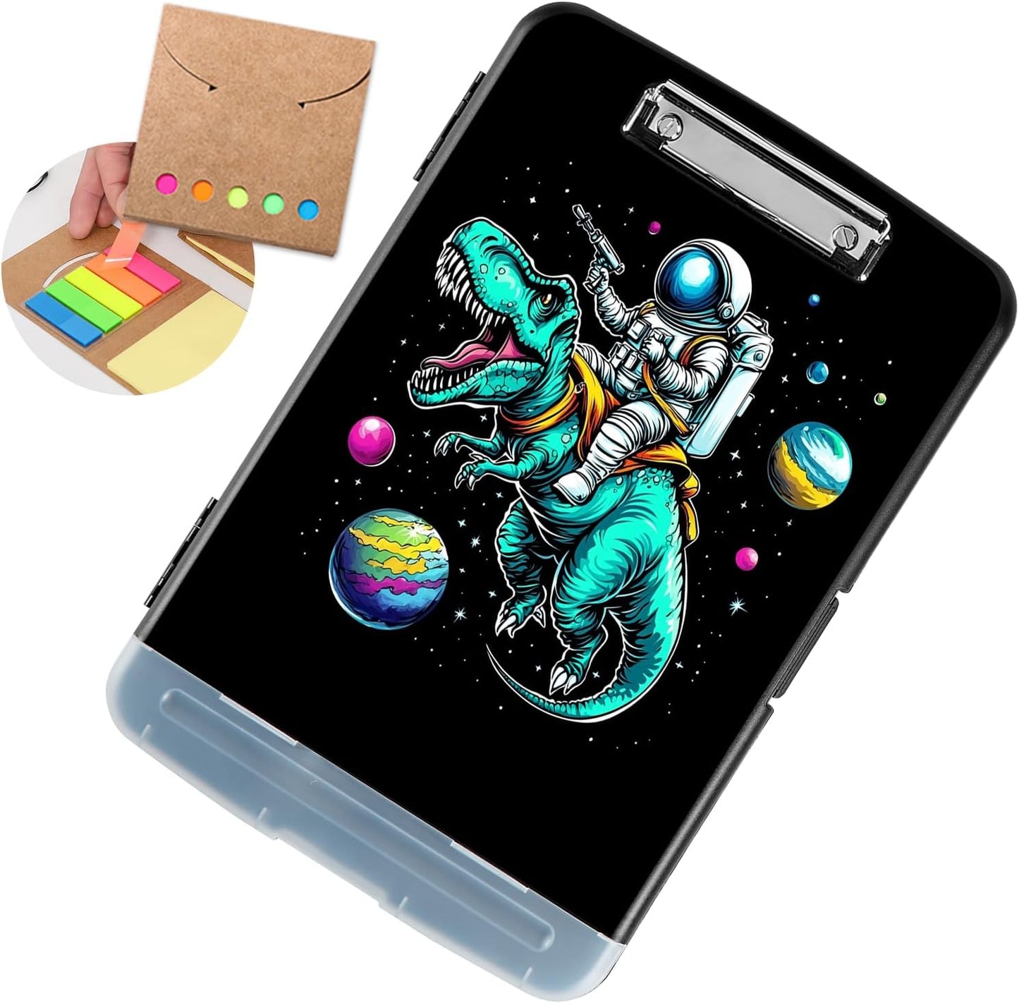 Clipboard with Storage - Large Capacity,Nursing Clipboard with Pen Holder,Heavy Duty,Plastic Side-Opening Folder for Teacher,Nurse - Dinosaur Astronaut