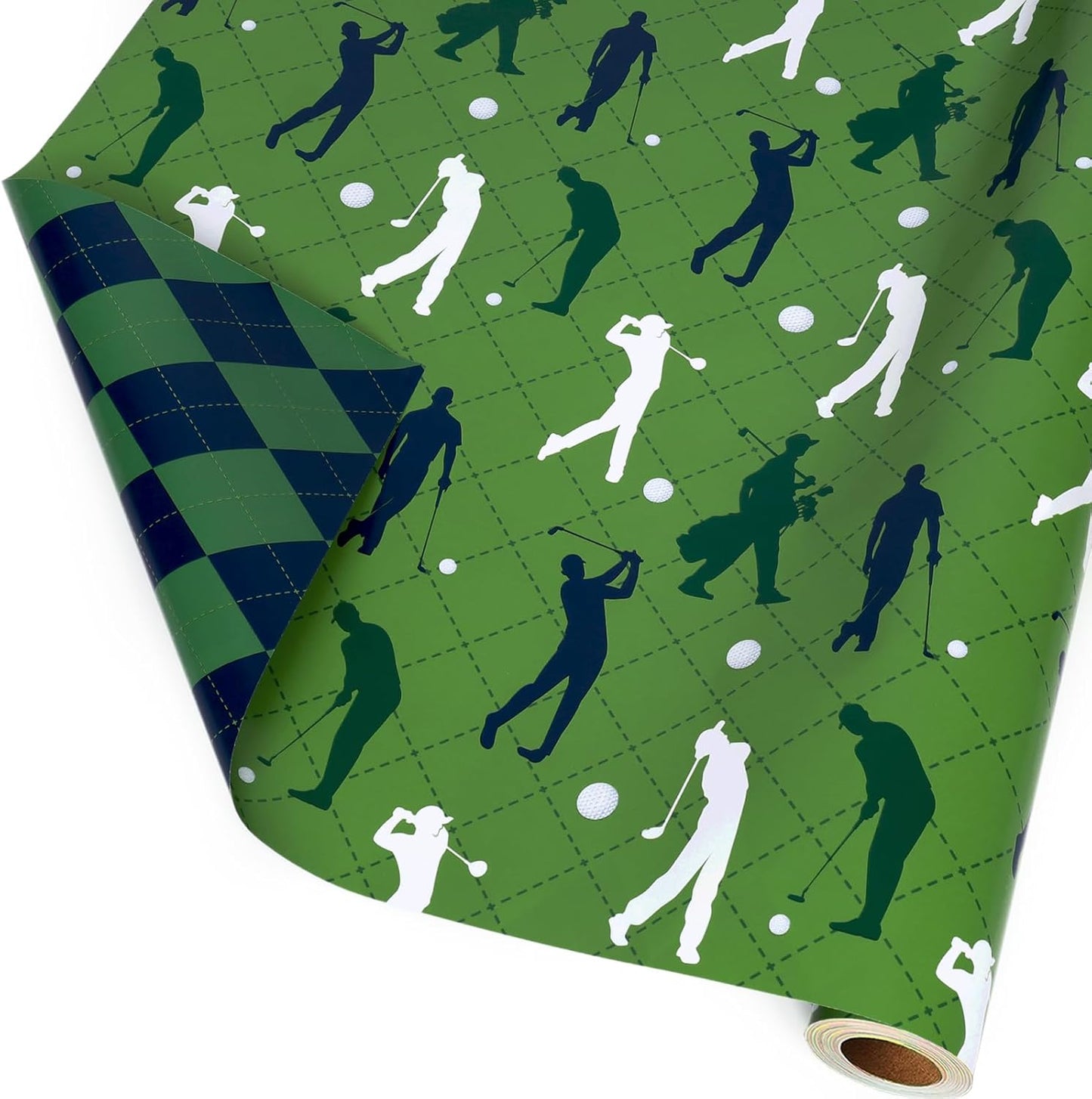 LaRibbons Golf Reversible Wrapping Paper Mini Roll, Green Golf and Plaid Design, Perfect for Men, Sports Party, Birthday, Father's Day, Team Celebration, 17" x 33' (46.7 sq. ft)