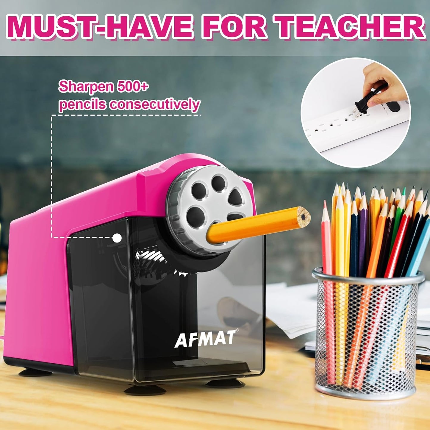 AFMAT PSX4 Electric Pencil Sharpener Heavy Duty, 6-Hole Classroom Pencil Sharpener for 6-11mm Pencils, Auto Stop Pencil Sharpeners Plug in, 10,000+ Sharpenings, Save Colored Pencils, Teacher Must Have