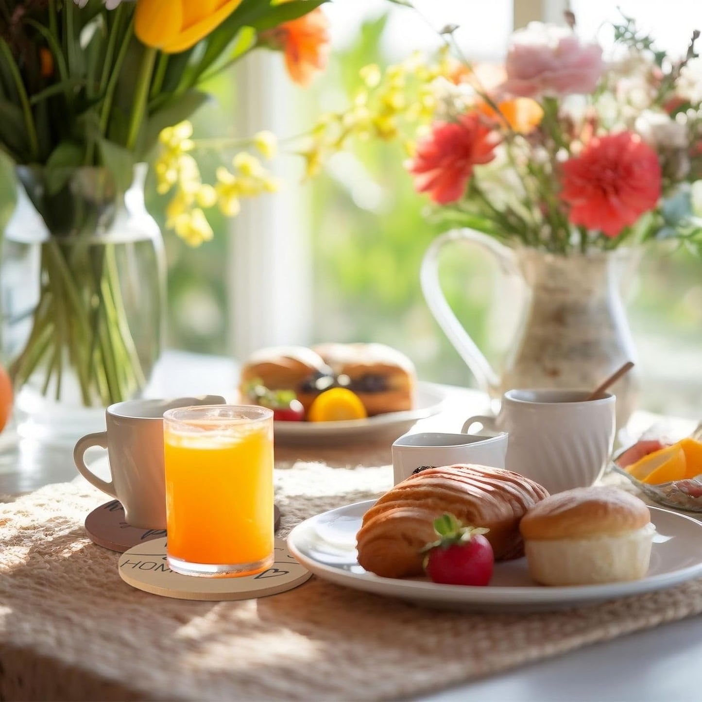 Queekay Housewarming Gifts for Home Decoration Wooden Heart Coasters for Drinks 6 Set Farmhouse Coasters with Holder Funny for Family Coffee Table Protection, 4''(Brown)