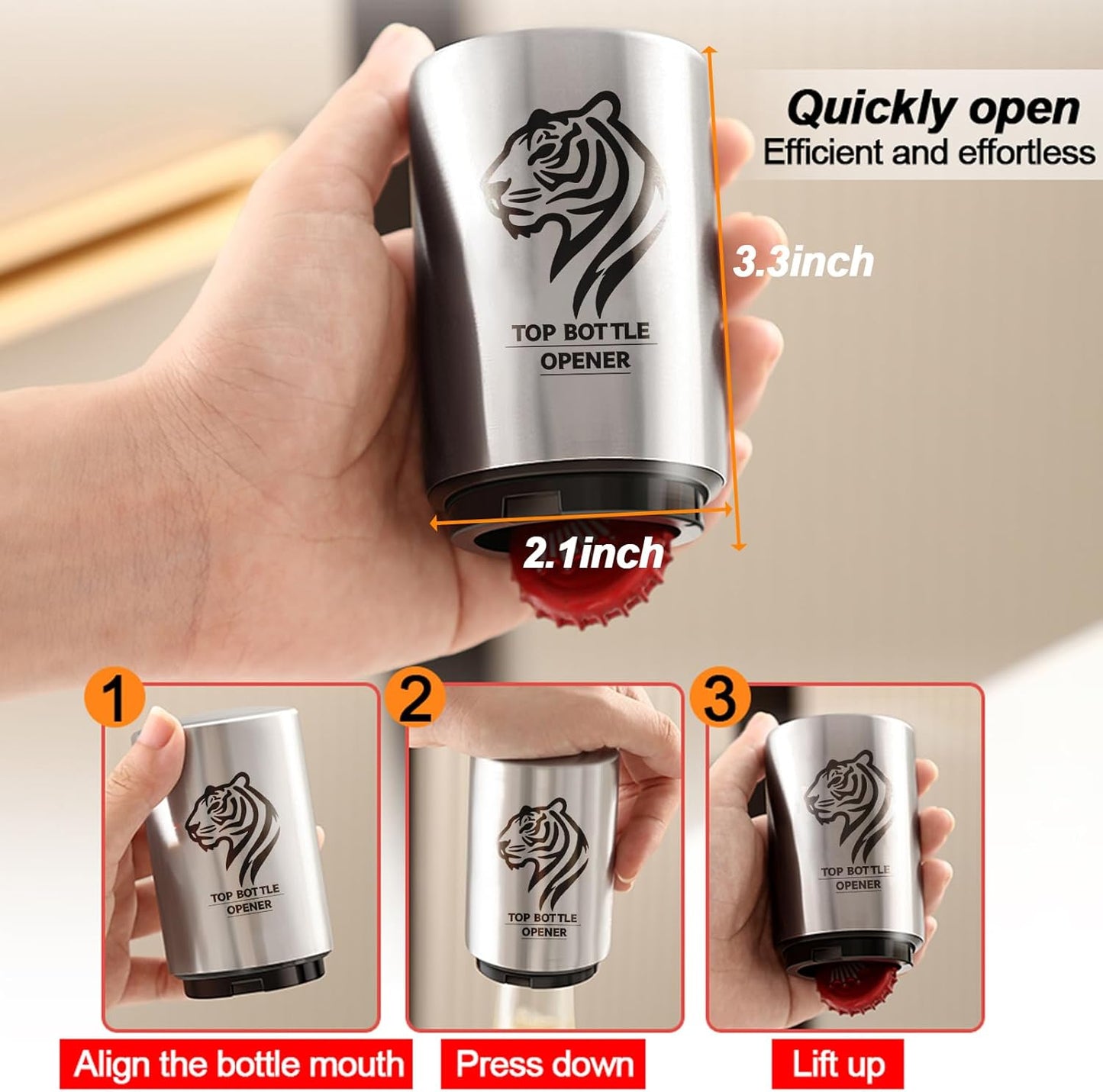 2PCS Automatic Beer Bottle Opener with Magnetic Cap Catcher, Pop The Top Stainless Steel Bottle Cap Mover Handed Lid Opening Spring Loaded Push&Pop for Kitchen Bar Home Restaurant Utensils Beer Gift