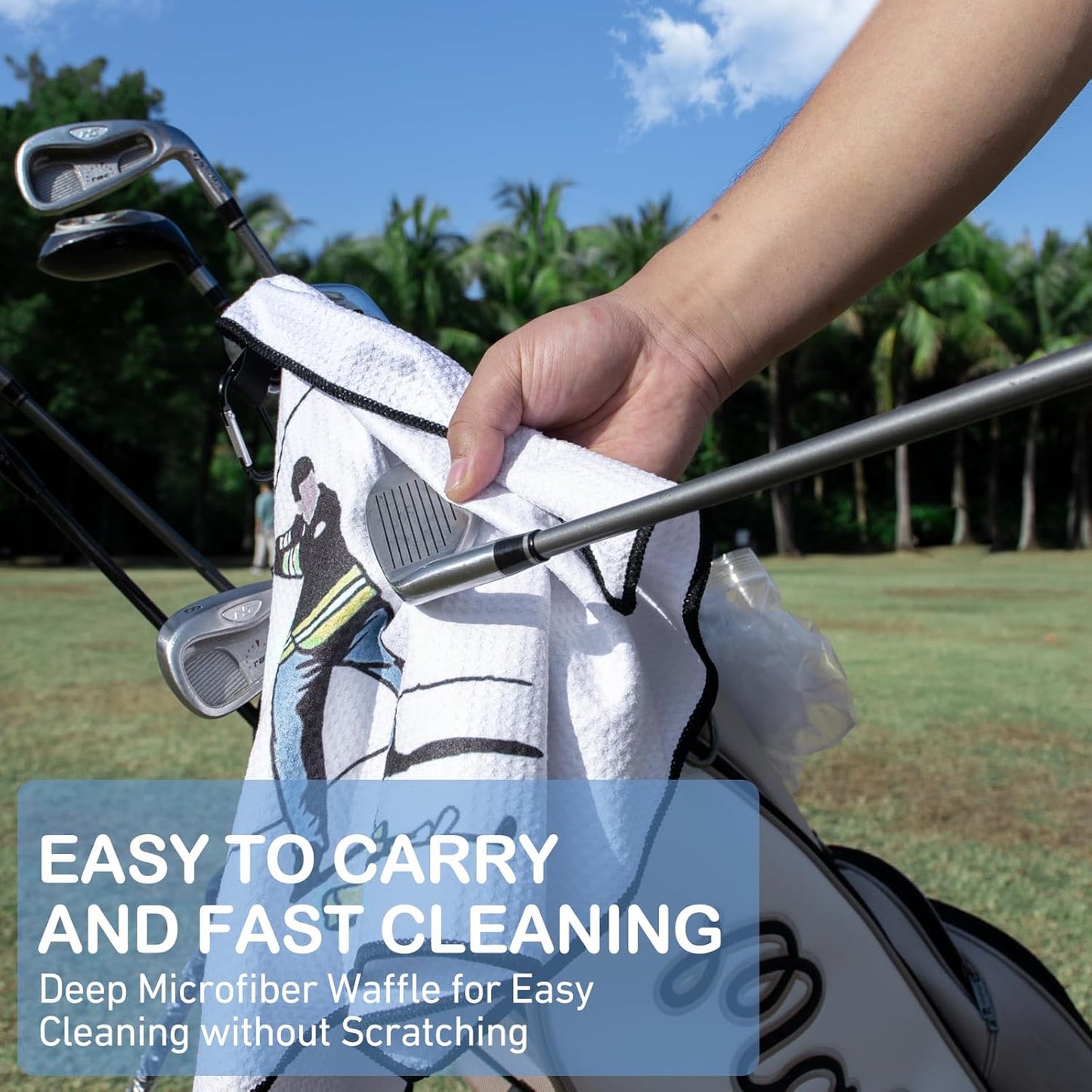 Magnetic Golf Towel for Men Women Golfer - Microfiber Golf Towel Magnet with Waffle Texture - Strengthen Magnet Golf Towels for Strong Hold to Metal Objects ((2.White w/Golfer))