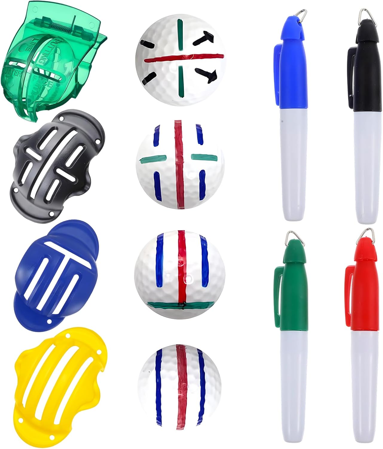 8 Pack Golf Ball Line Marker Tool,Golf Ball Stencil Alignment Kit,4 Golf Ball Marker Stencil and 4 Color Golf Ball Markers,Easy Ball ID &Putting Practice