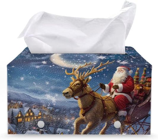 Christmas Santa Claus Print Pretty Tissue Box Bathroom Decor PU Leather Tissue Cover Decorative Organizer Large Capacity Design Rectangular Tissue Box Cover for Car