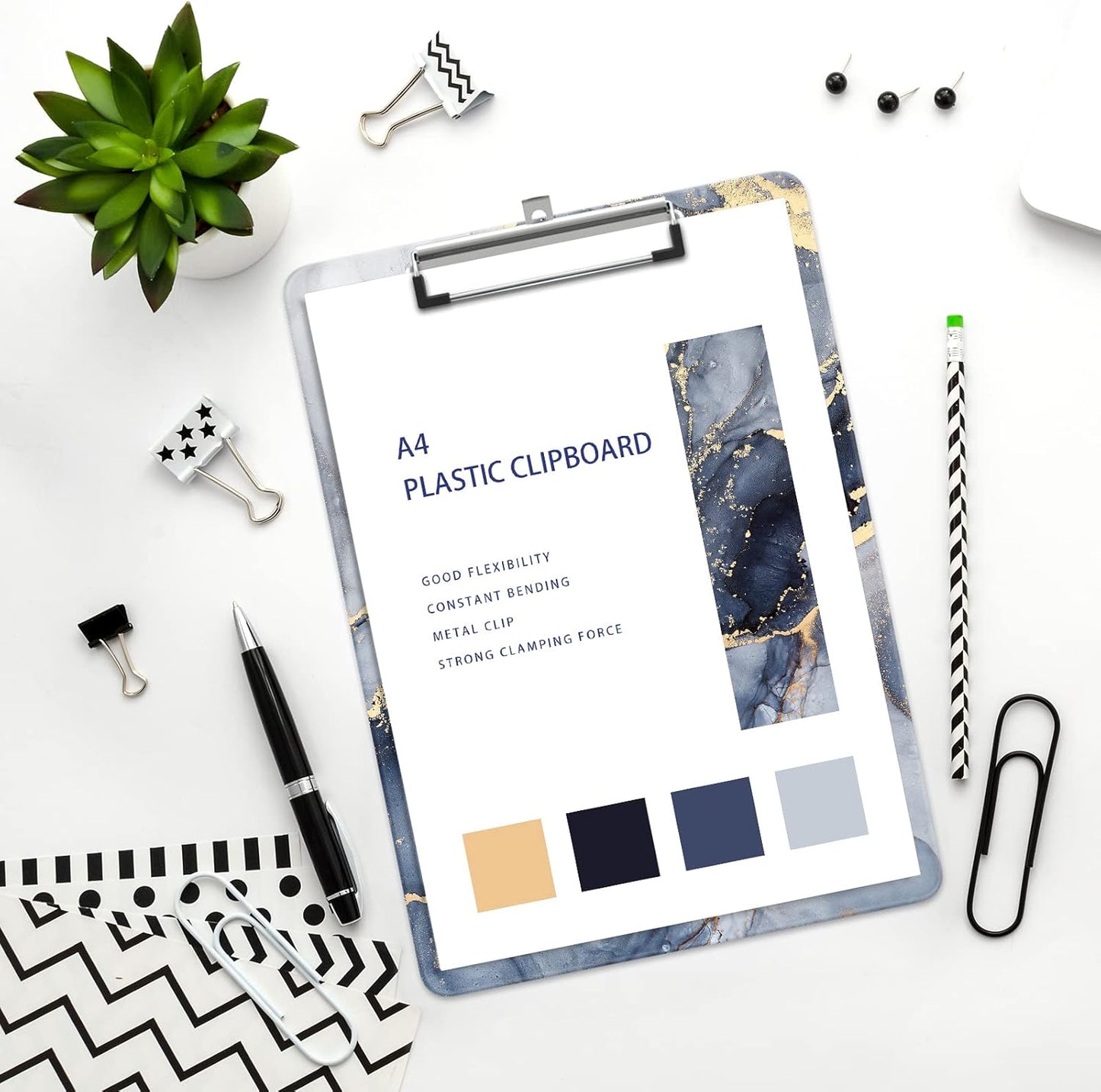 Plastic A4 Clipboards, Cute Clip Board Stardard Letter Size 9 x 12.5 in, Office Decorative for Students Women Men and Kids, Black Gold Marble